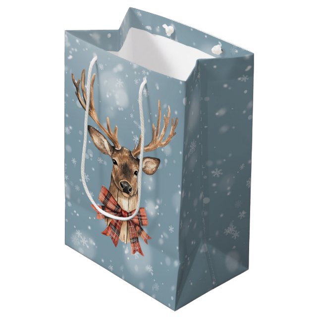 Sac Cadeau Moyen Deer With Plaid Bow Christmas Snow Falling (Devant Angle)