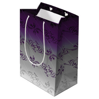 Sac Cadeau Moyen Dégradé gris violet à motif de feuille florale ray