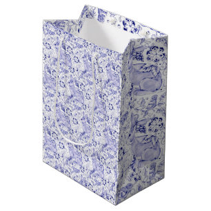 Sac Cadeau Moyen Delft Blue & White Rabbit Birds Elegant Pâques