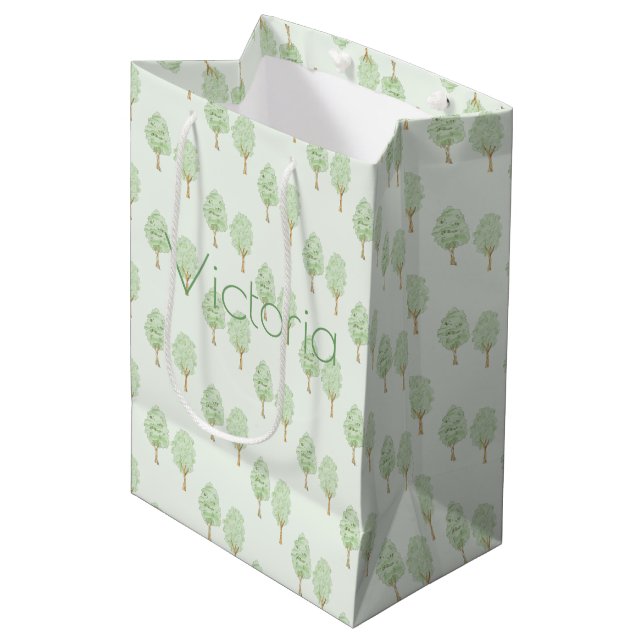 Sac Cadeau Moyen Delicate Watercolor Trees Pattern Light Green  (Devant Angle)