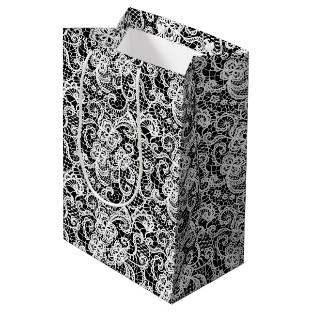 Sac Cadeau Moyen Dentelle blanche en noir (Dos Angle)