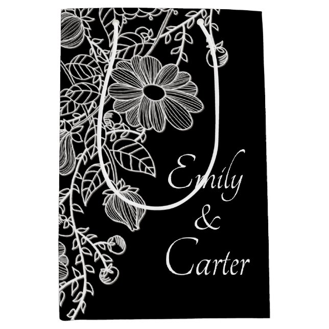 Sac Cadeau Moyen Dentelle blanche Mariage sur noir (Devant)