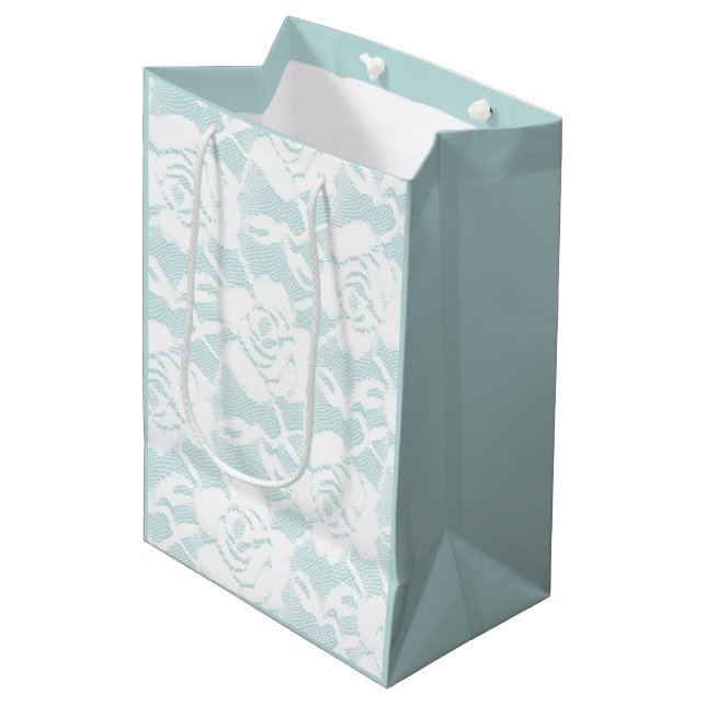 Sac Cadeau Moyen Dentelle blanche rose de menthe (Devant Angle)
