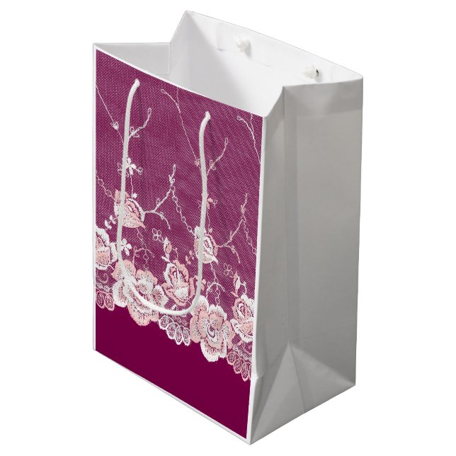 Sac Cadeau Moyen Dentelle Fleurie Rose (Devant Angle)