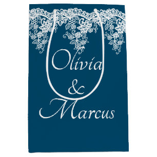 Sac Cadeau Moyen Dentelle Mariage Blanche Sur Bleu