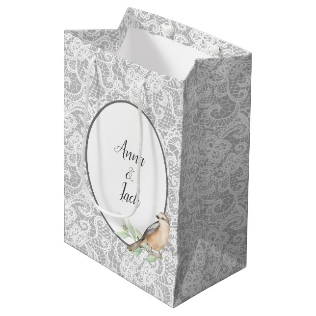 Sac Cadeau Moyen Dentelle mariage sur argent (Devant Angle)