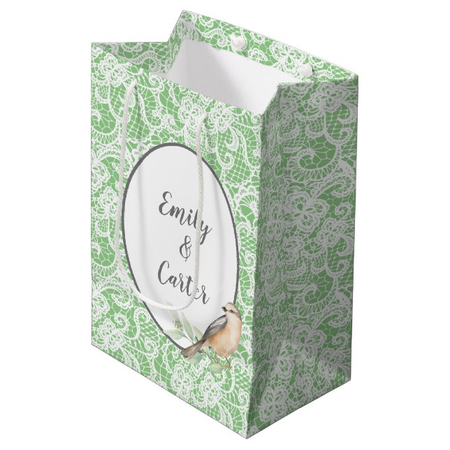 Sac Cadeau Moyen Dentelle mariage sur Mint Green (Devant Angle)