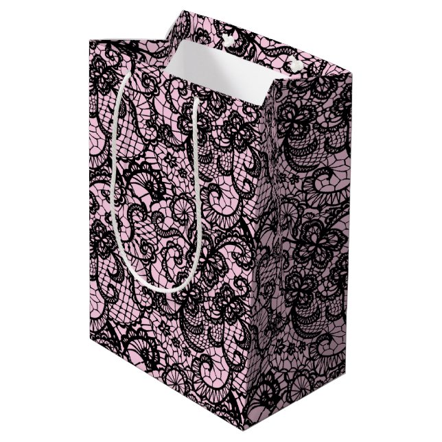 Sac Cadeau Moyen Dentelle noire en rose (Dos Angle)