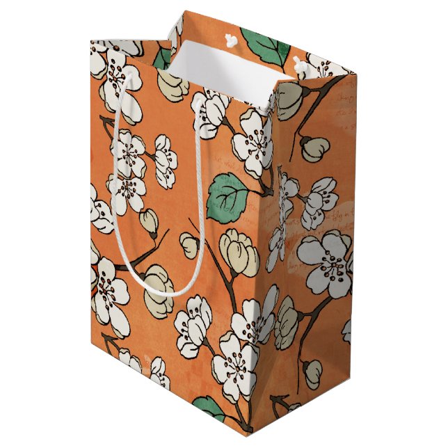 Sac Cadeau Moyen Design floral blanc sur orange (Dos Angle)