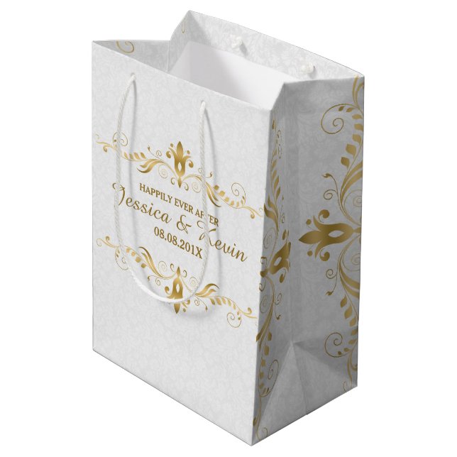 Sac Cadeau Moyen Design Mariage de dentelle florale blanc et clair (Dos Angle)