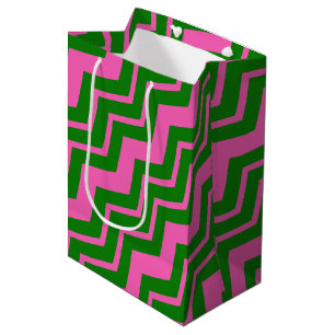 Sac Cadeau Moyen Dessin chevron zigzag vert rose 