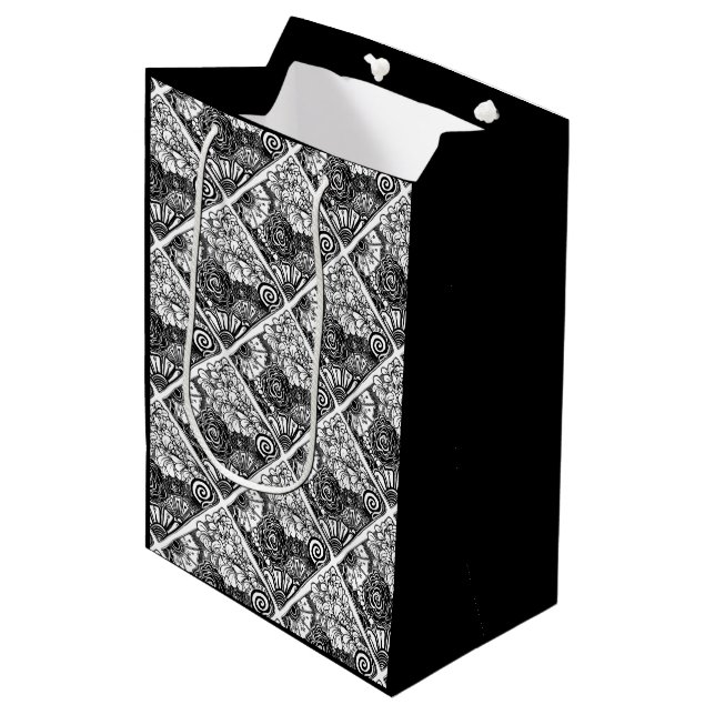 Sac Cadeau Moyen Dessin Motif Floral Noir Et Blanc (Devant Angle)