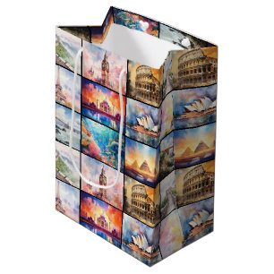 Sac Cadeau Moyen Destinations de voyages dans le monde en aquarelle