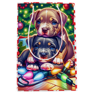 Sac Cadeau Moyen Deux mignons chiots qui jouent sous l'arbre de Noë