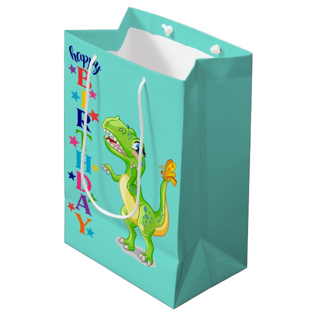 Sac Cadeau Moyen Dino Vert Anniversaire (Devant Angle)