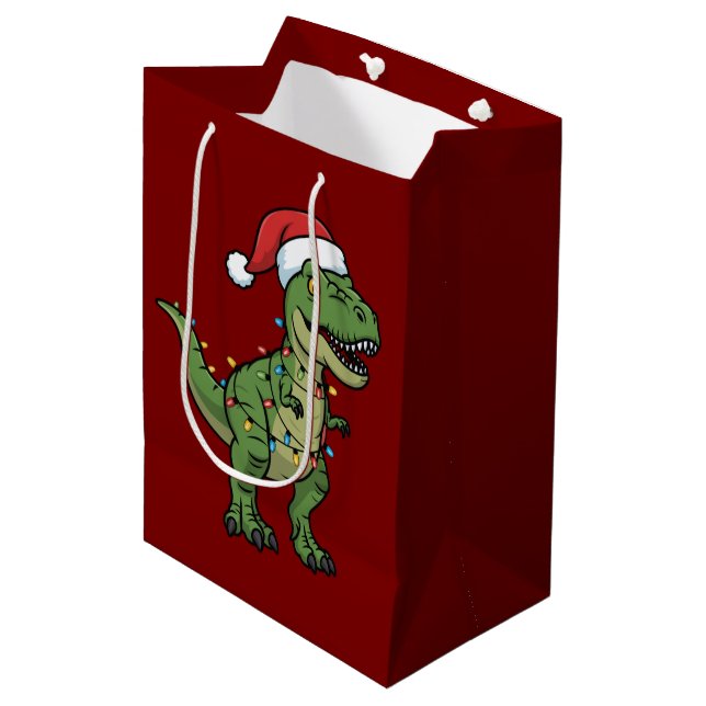 Sac Cadeau Moyen Dinosaur Xmas Lights Holiday Spirit Festive Dino (Devant Angle)