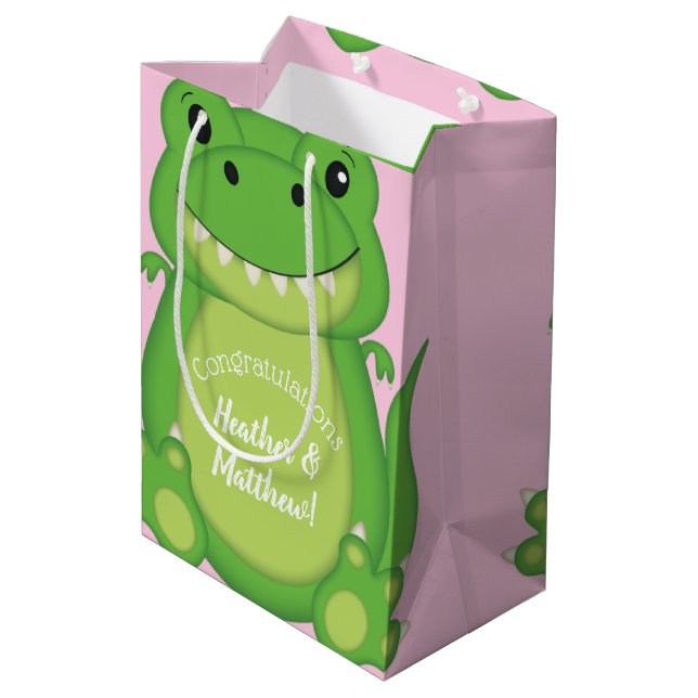 Sac Cadeau Moyen Dinosaure Baby shower T-Rex Rose Girl (Dos Angle)