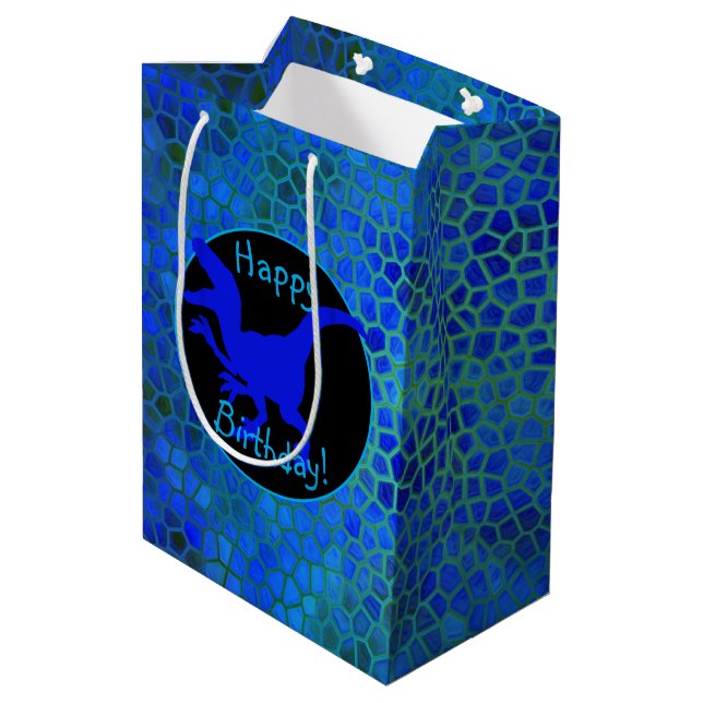 Sac Cadeau Moyen Dinosaure Bleu Cachez Joyeux Anniversaire ! (Dos Angle)