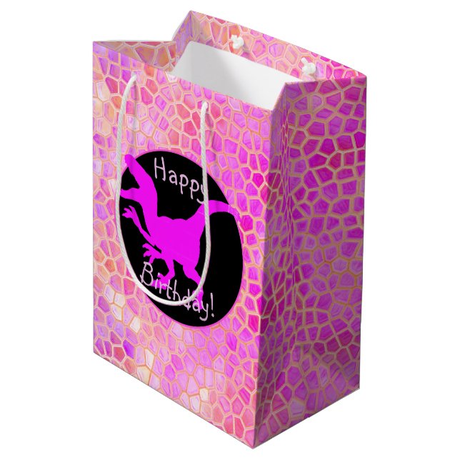 Sac Cadeau Moyen Dinosaure Rose Cachez Un Joyeux Anniversaire ! (Dos Angle)