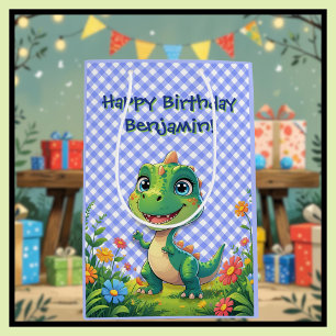 Sac Cadeau Moyen Dinosaure Vert bleu En vichy Anniversaire présent