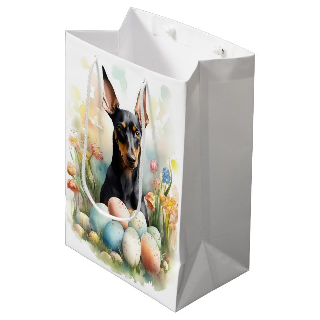 Sac Cadeau Moyen Doberman aux oeufs de Pâques (Devant Angle)