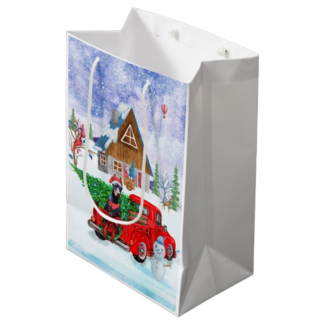 Sac Cadeau Moyen Doberman Chien en Livraison Noël Camion Neige (Devant Angle)