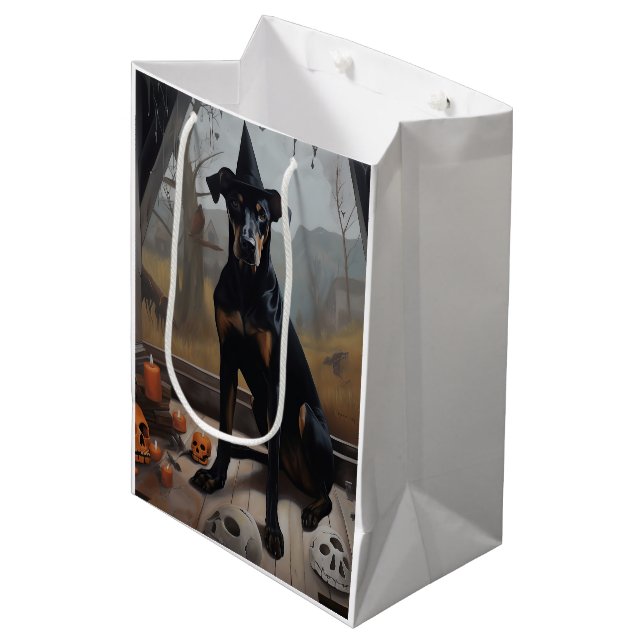 Sac Cadeau Moyen Doberman Citrouille Halloween effroi (Devant Angle)