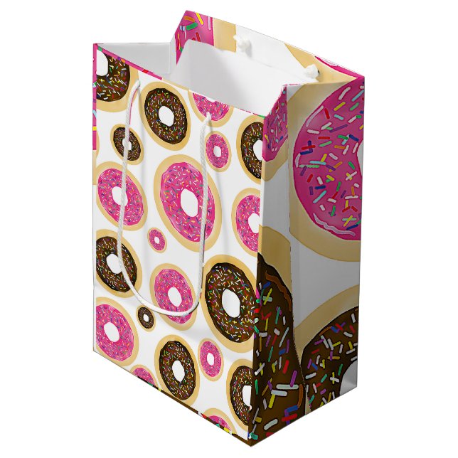 Sac Cadeau Moyen Donuts avec paillettes roses et brunes Fête d'anni (Devant Angle)