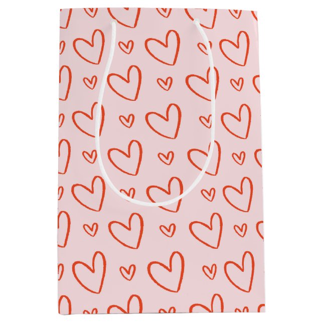 Sac Cadeau Moyen Doodles de coeur rose et rouge - Love Valentines (Devant)