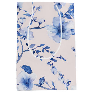 Sac Cadeau Moyen Douce Touche Fleurie Bleue pour Mariage