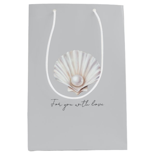 Sac Cadeau Moyen Douche de mariage Grey Shell White Pearl (Devant)