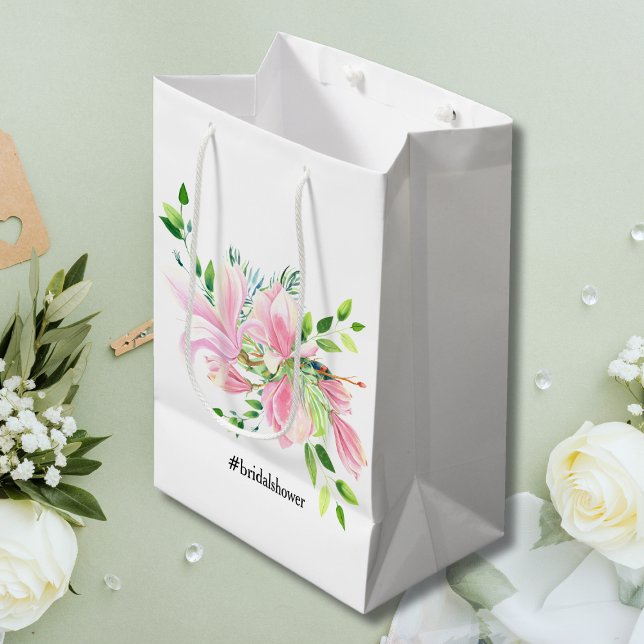 Sac Cadeau Moyen Douche de Mariée Aquarelle Magnolia Rose Élégante (Créateur téléchargé)