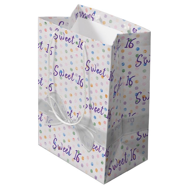 Sac Cadeau Moyen Doux 16 Anniversaire Bow sur Pois (Dos Angle)
