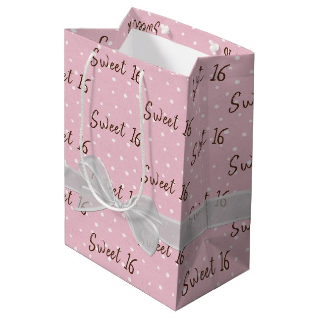Sac Cadeau Moyen Doux 16 Anniversaire Bow sur Pois (Dos Angle)