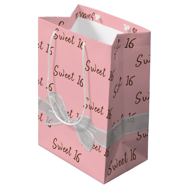 Sac Cadeau Moyen Doux 16 Anniversaire Bow Sur Rose (Dos Angle)