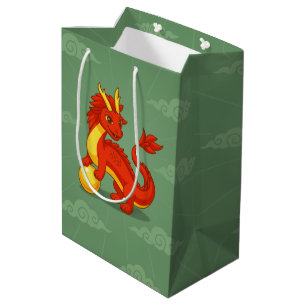 Sac Cadeau Moyen Dragon Chinois Rouge Anniversaire sur Vert