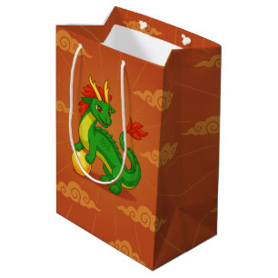 Sac Cadeau Moyen Dragon Chinois Vert sur Fond Rouge