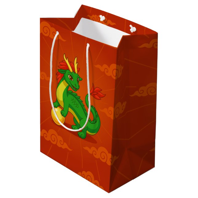Sac Cadeau Moyen Dragon Chinois Vert sur Fond Rouge (Dos Angle)