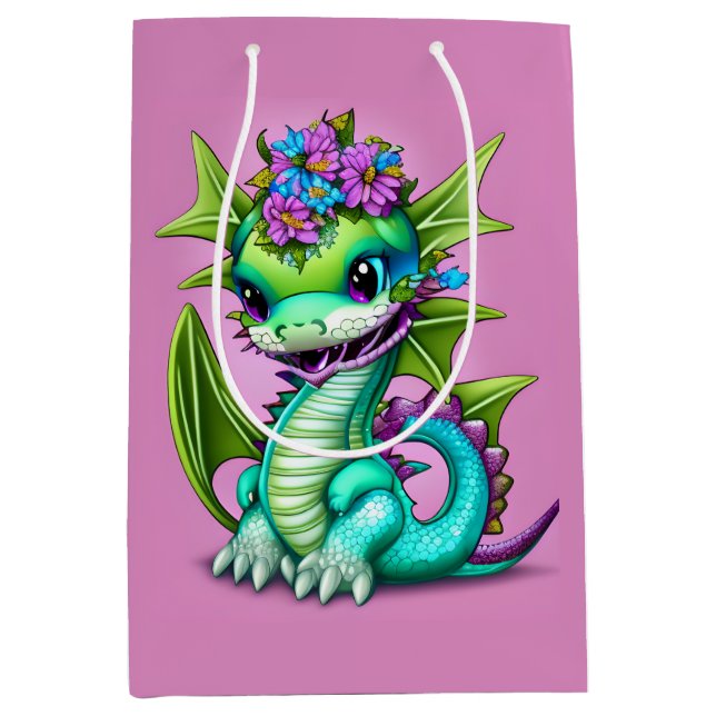 Sac Cadeau Moyen Dragon de bébé pourpre et vert (Devant)