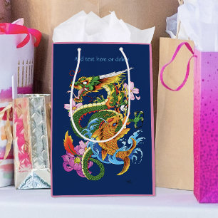 Sac Cadeau Moyen Dragon Japonais Koi Lotus Mythique Asien Bleu