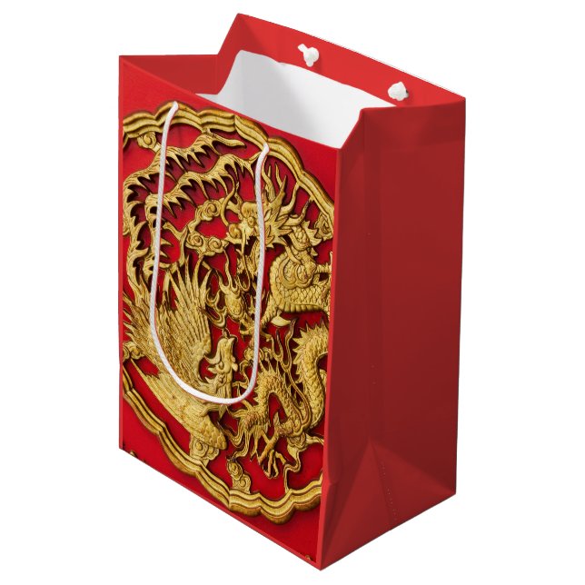 Sac Cadeau Moyen Dragon Phoenix Red Gold Mariage chinois (Devant Angle)