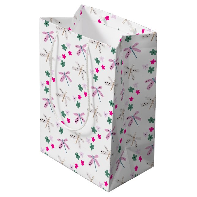 Sac Cadeau Moyen Dragonflies et Fleurs sur blanc (Dos Angle)
