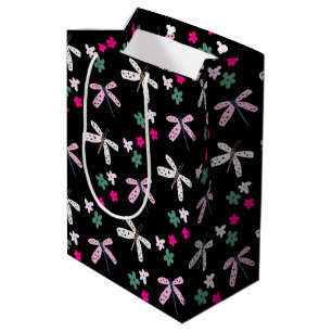 Sac Cadeau Moyen Dragonflies et Fleurs sur le noir