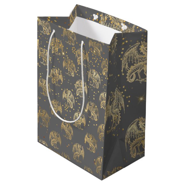 Sac Cadeau Moyen Dragons d'or et étoiles (Dos Angle)
