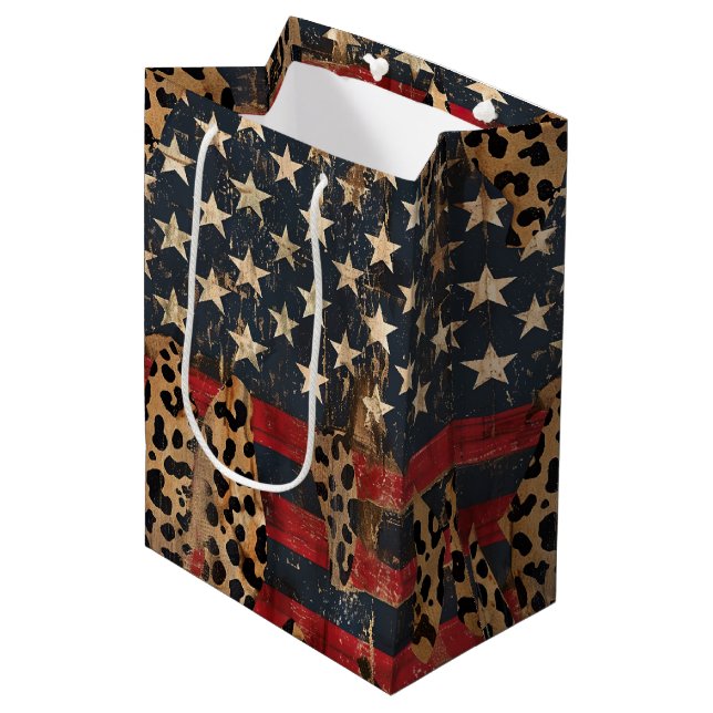 Sac Cadeau Moyen Drapeau américain rustique imprimé léopard (3) (Devant Angle)
