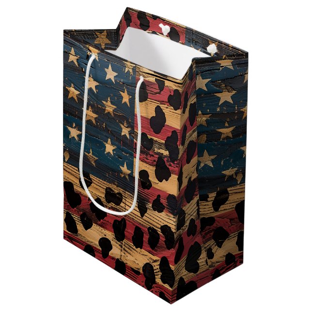 Sac Cadeau Moyen Drapeau américain rustique imprimé léopard (4) (Devant Angle)