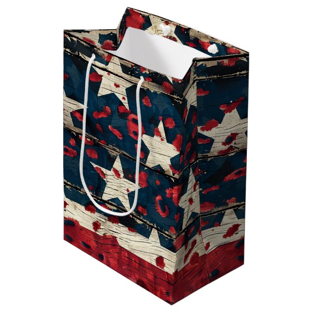 Sac Cadeau Moyen Drapeau américain rustique imprimé léopard (5) (Devant Angle)