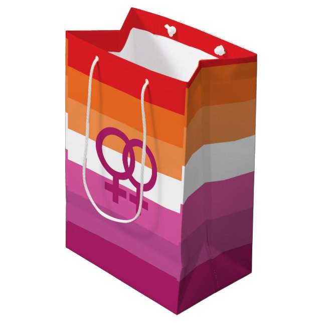 Sac Cadeau Moyen Drapeau de fierté lesbienne WLW (Devant Angle)