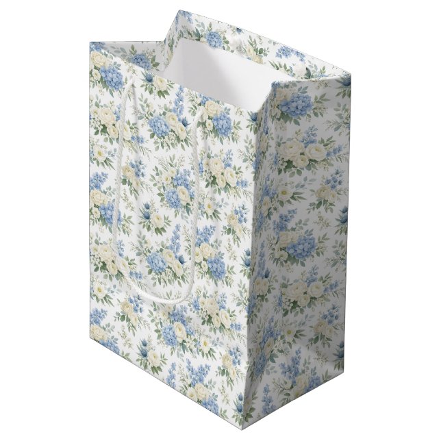 Sac Cadeau Moyen Dusty Blue Cream Florals Wedding Bridal Shower (Devant Angle)