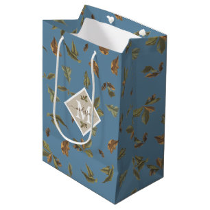 Sac Cadeau Moyen Dusty Blue Rustic Feuilles Brown Monogramme